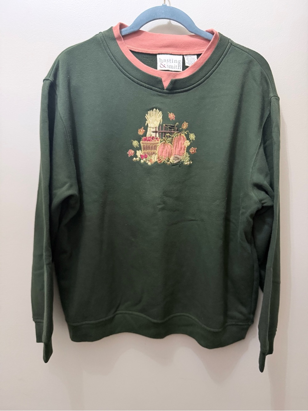 Vintage Double Collar Crewneck Sweater Pumpkin Fall Leaves Apples Grandma L
